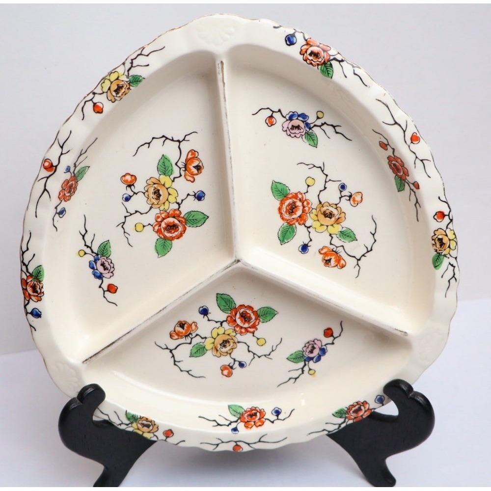 VTG Colorful Floral Divided Serving / Candy Dish Made in Japan